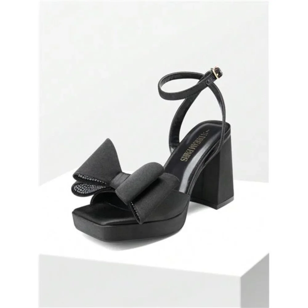 NEW -‎ Elegant Black Chunky Platform Bow Knot Ankle Strap Heeled Sandals